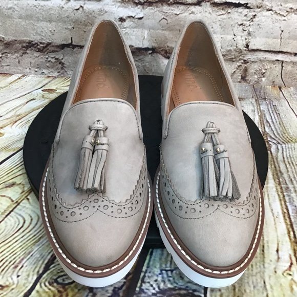 Sandy Gray Leather Brogue Wingtip Tassel Slip On Platform Loafers - Picture 2 of 7